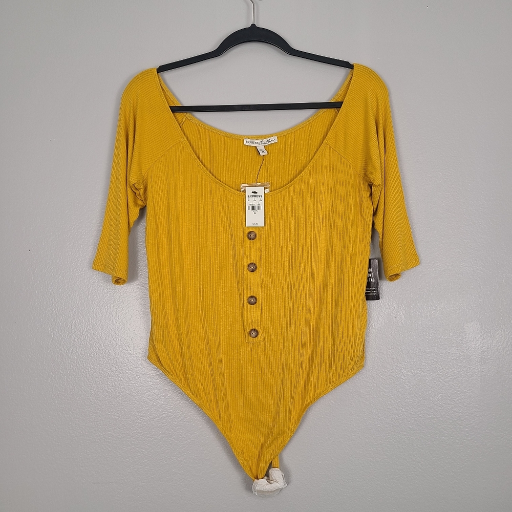 Express Yellow Ribbed Off the Shoulder Three-Quarter Sleeve Thong Body Suit XL